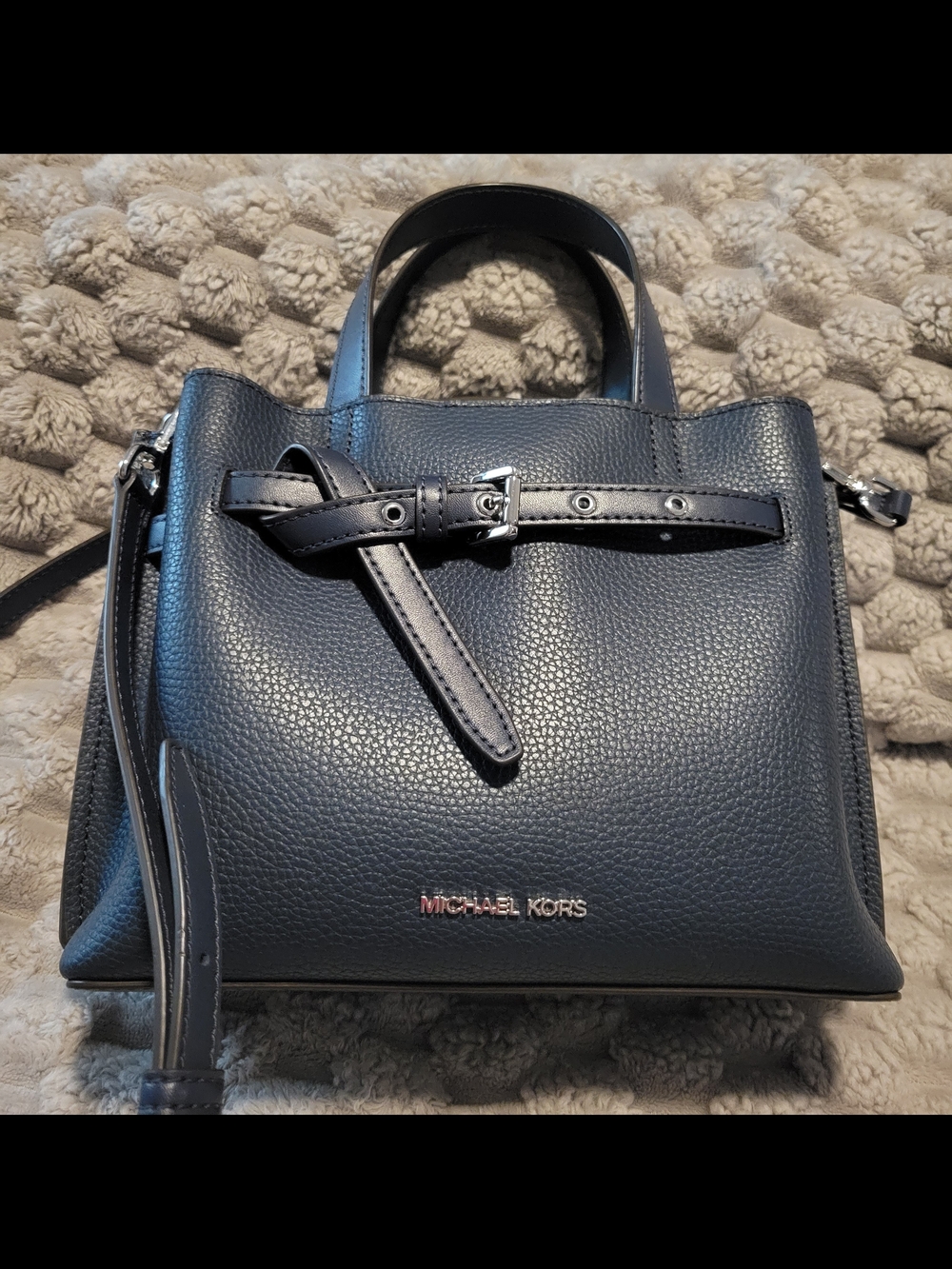 Michael Kors Emilia Pebbled Leather Satchel in Navy Blue